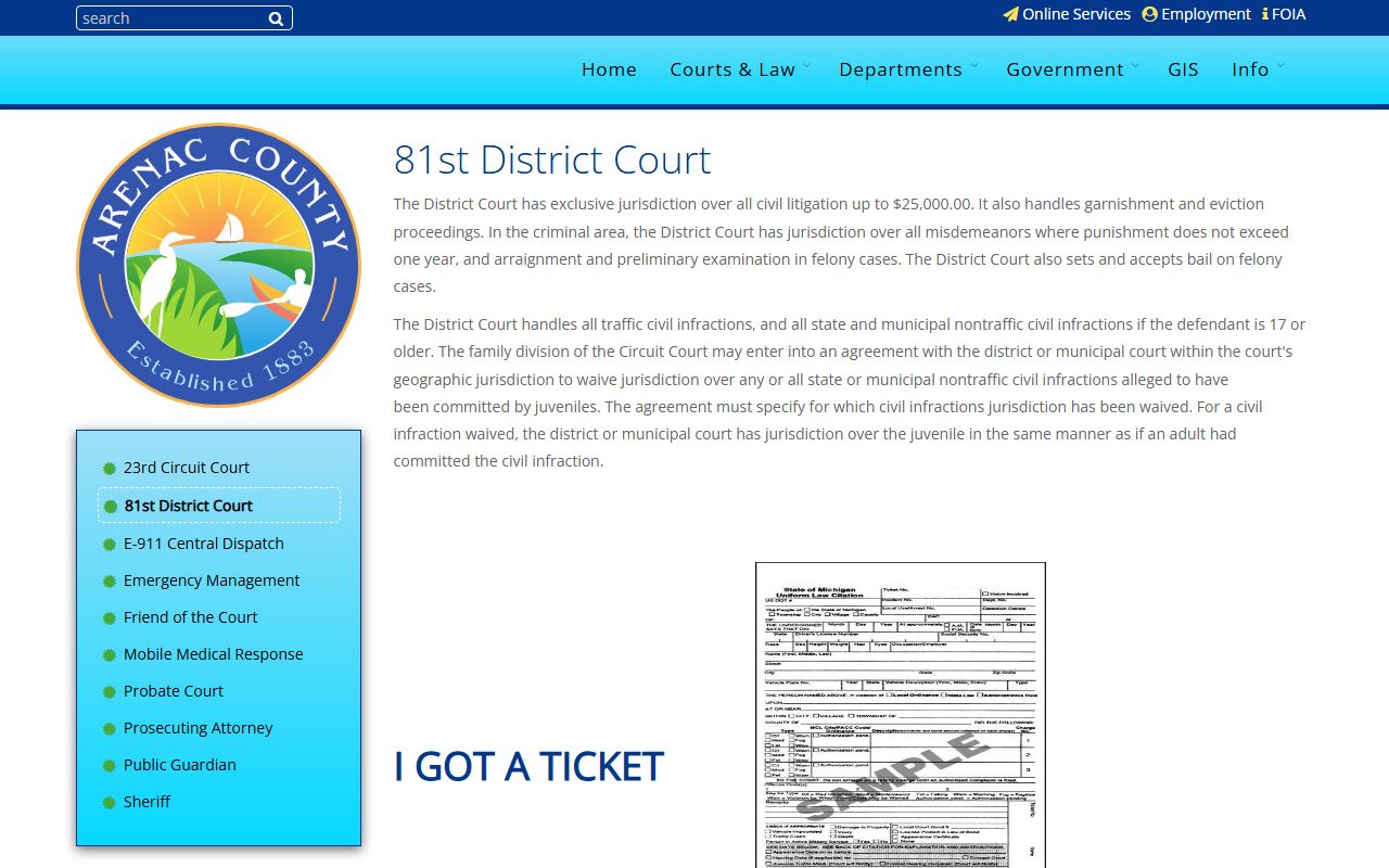 Arenac County 81st District Court records and payment page