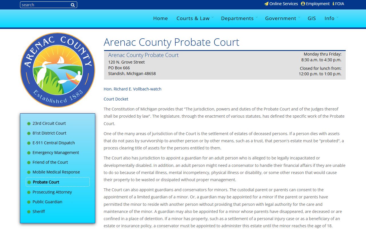 Arenac County Probate Court records page in Standish, Michigan