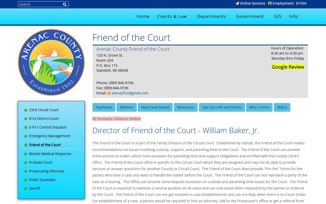 Arenac County Friend of the Court page for custody, support, and divorce records help