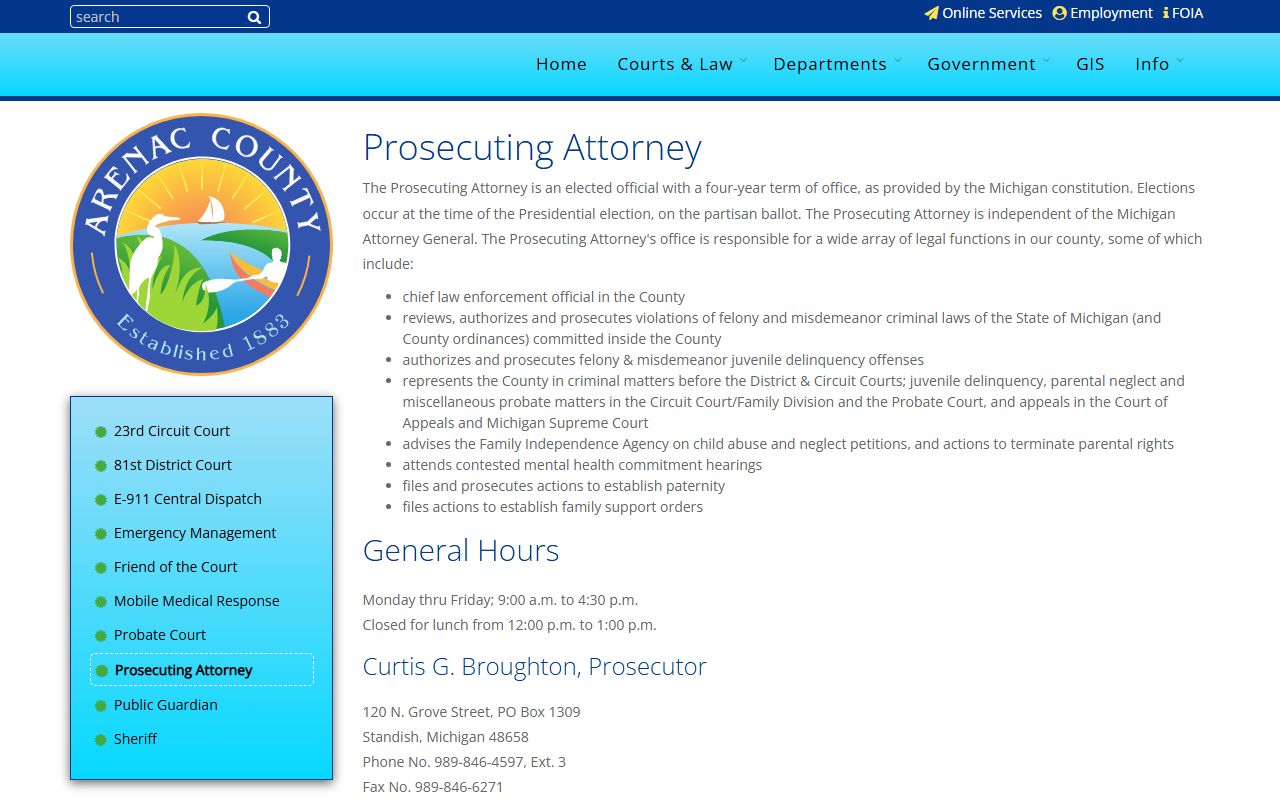 Arenac County prosecutor office page for arrest records and court charges