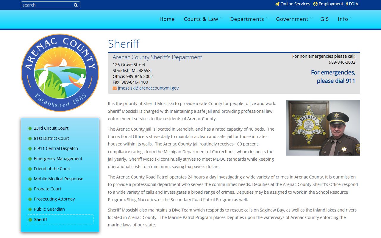 Arenac County Sheriff's Office page for inmate and jail custody information