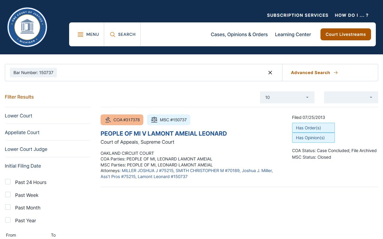 Arenac County court records advanced search fields on the Michigan Courts portal