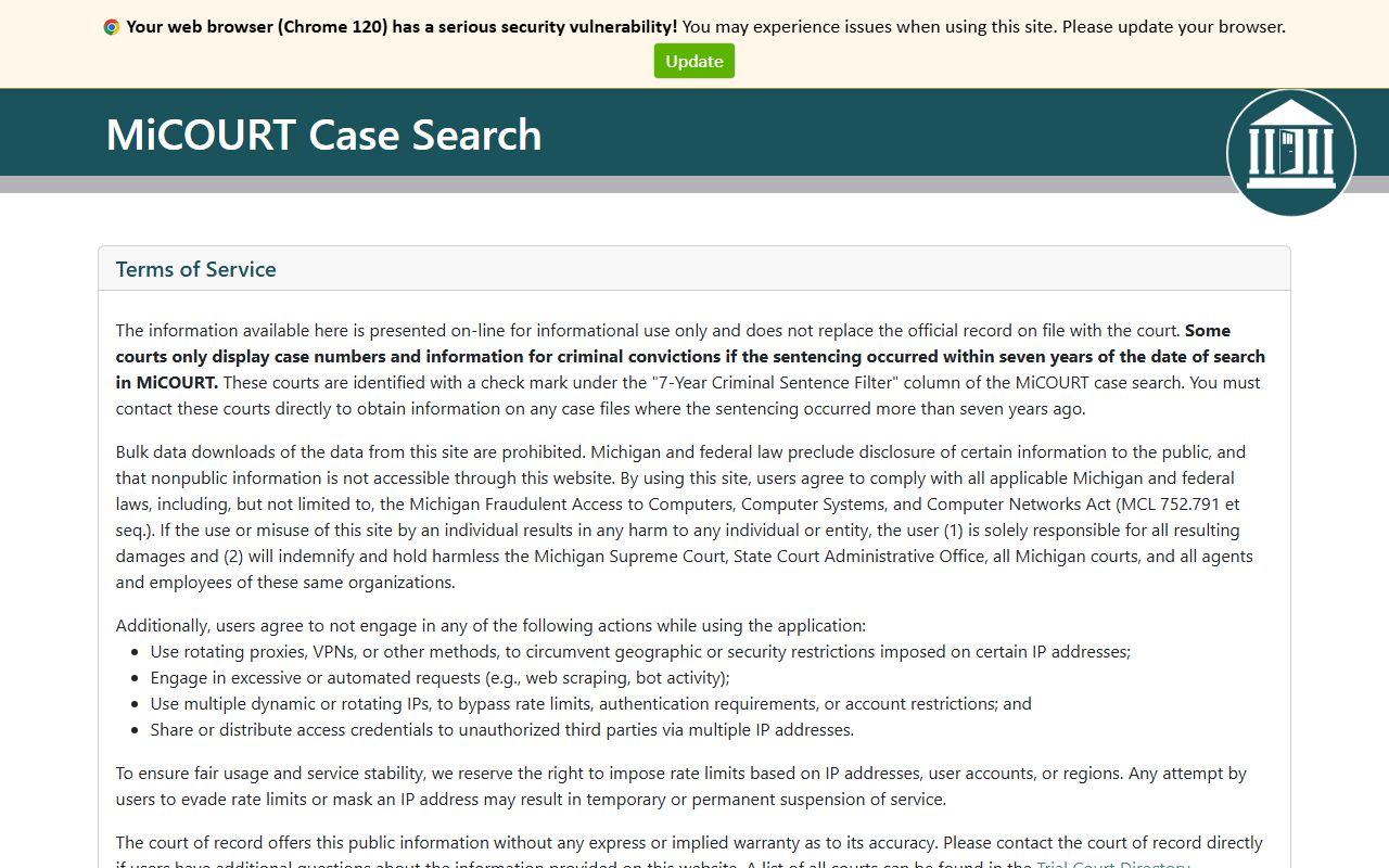 Arenac County court records public MiCOURT case search interface