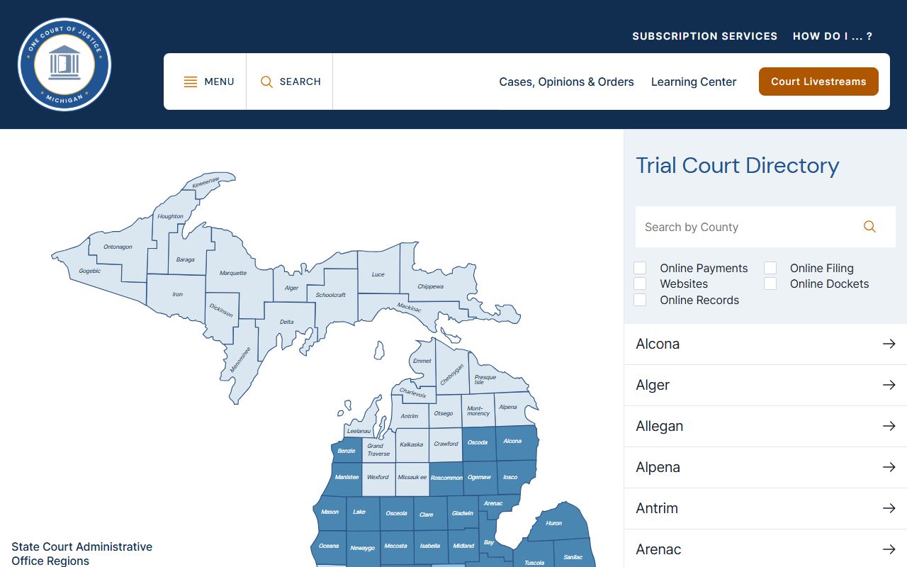 Arenac County court records lookup through the Michigan statewide trial court directory
