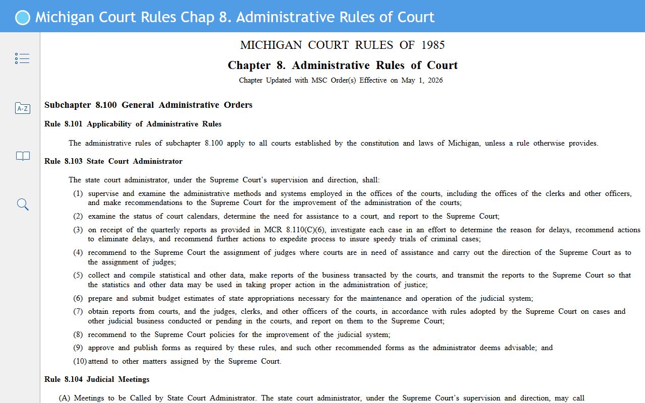 Arenac County criminal court records rules in Michigan Court Rules chapter 8