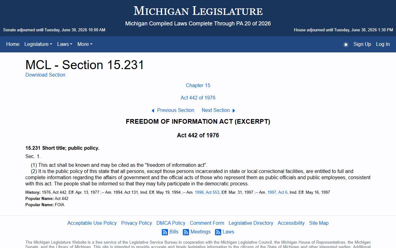 Michigan FOIA public policy statute for Arenac County records