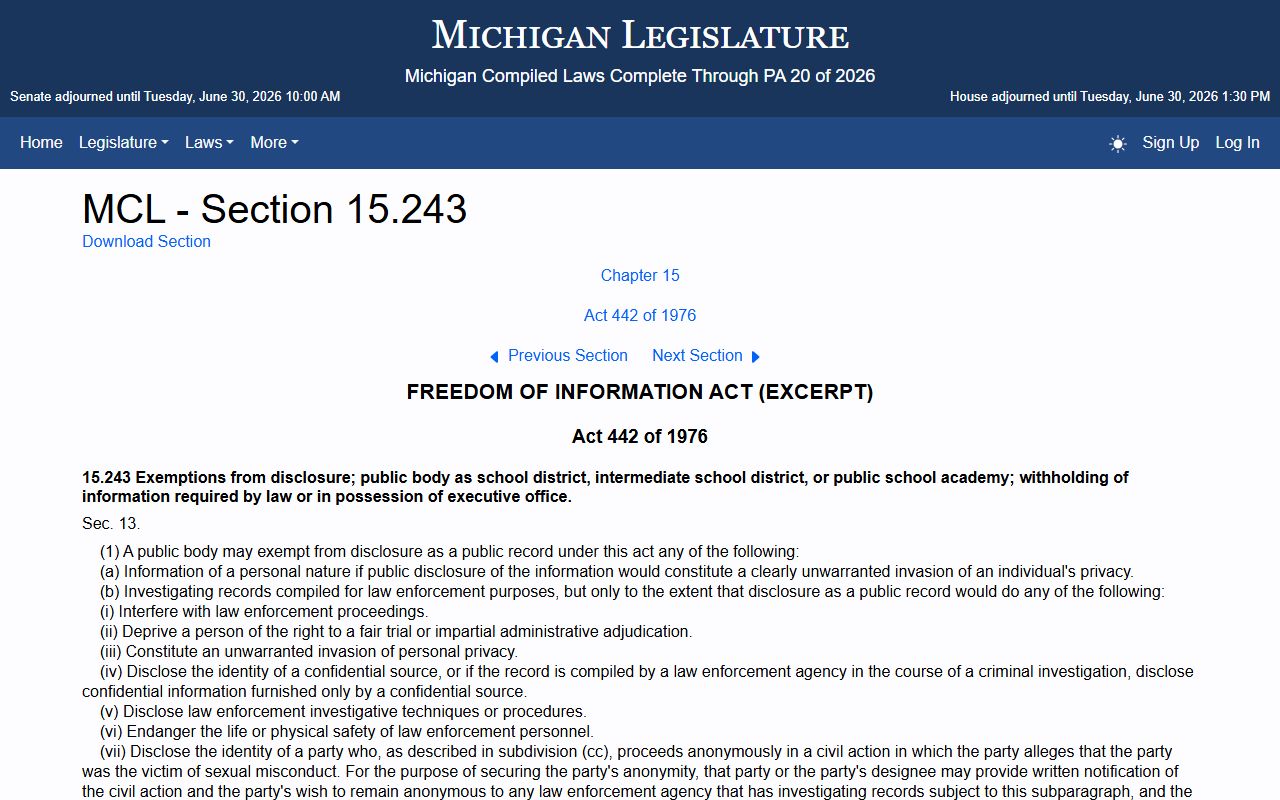 Michigan FOIA exemptions statute governing Arenac County records