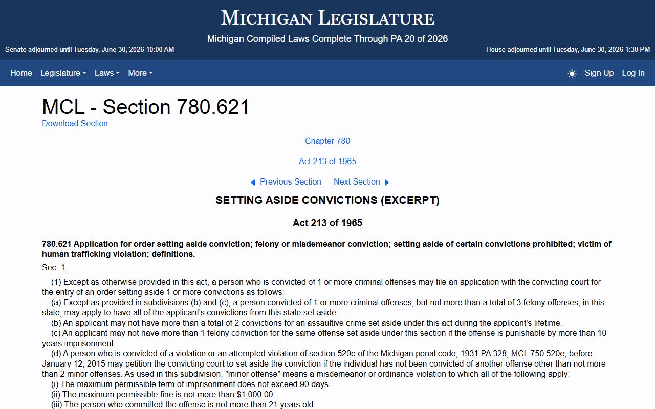 Arenac County set-aside statute MCL 780.621 for criminal record expungement