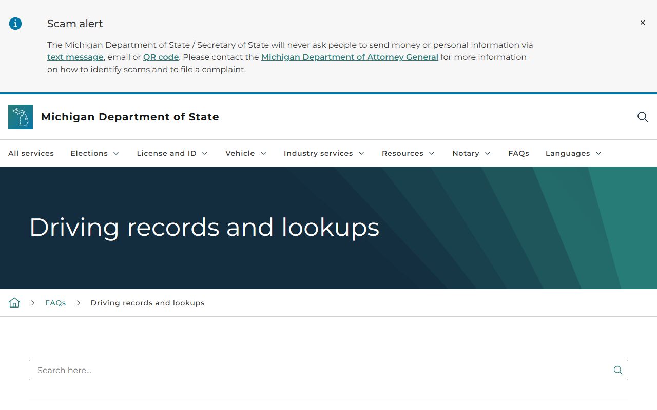 Arenac County traffic records access rules on the Michigan driver and vehicle records FAQ page